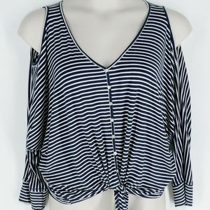 Democracy Womens Cold Shoulder Tie Front Top  Blue White Stripe Long Sleeve xL
